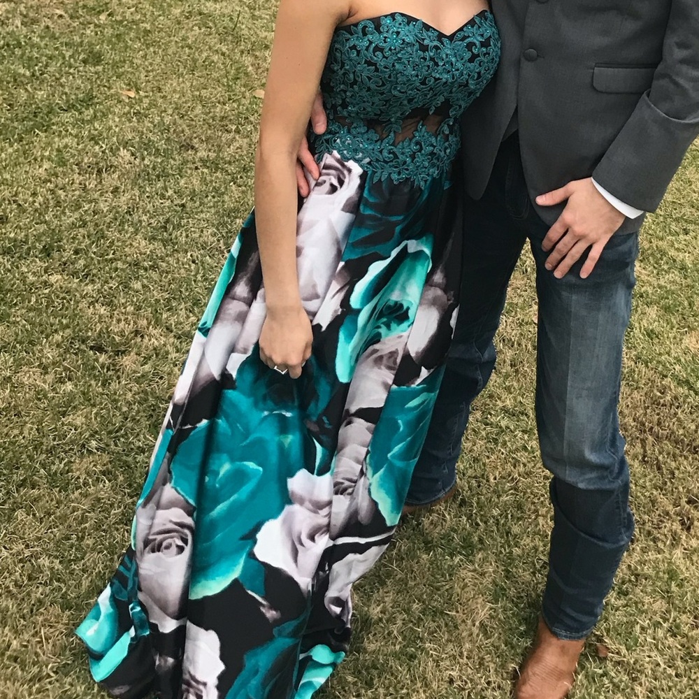 Teal Lace Bodice Floral Satin Dress